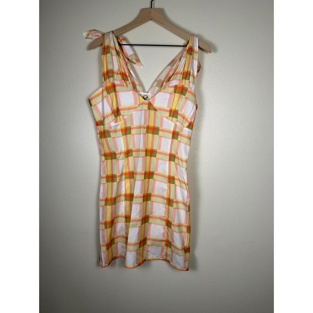 SACRED HAWK Picnic Cottagecore Retro Color Mini Dress Women M Plaid Tie Shoulder